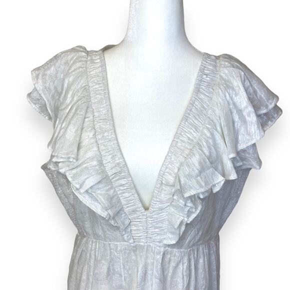 Roller Rabbit White Ondine Lurex V-Neck Cap Ruffle Sleeve A-Line Midi Dress - Picture 7 of 11